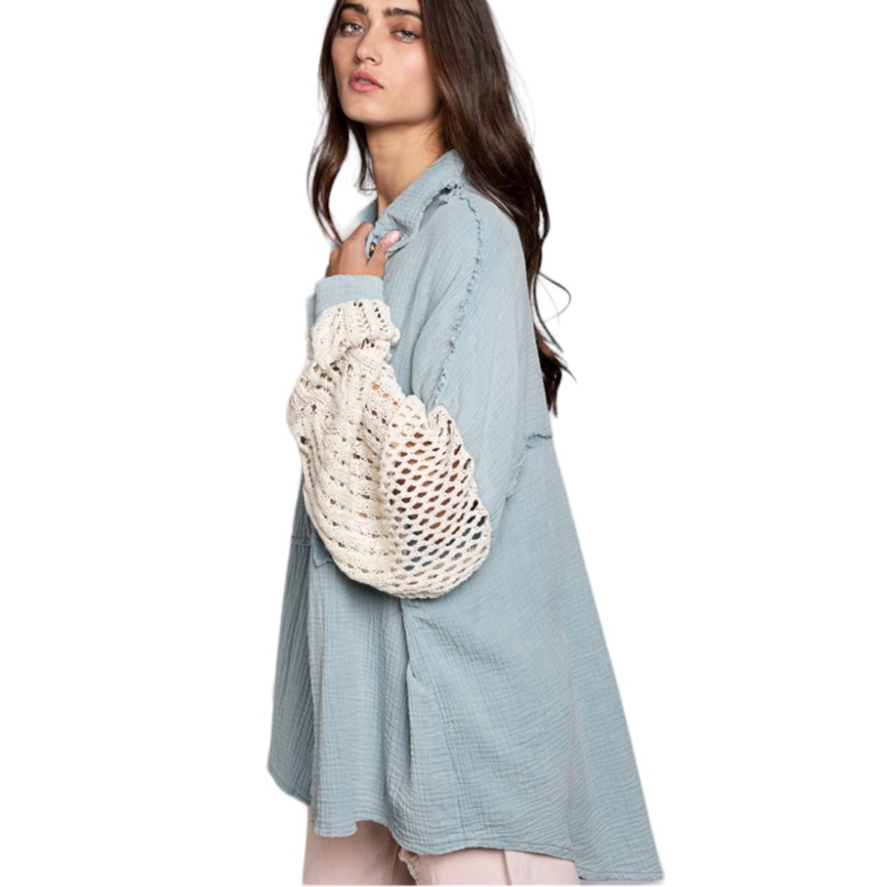 152. Women’s Blue Gauze Crochet Sleeve Oversized Shacket NWOT